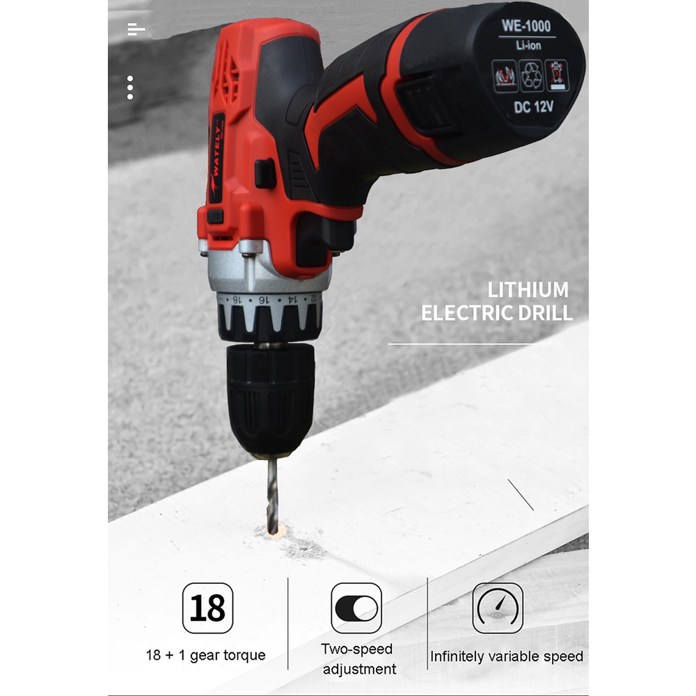 Wately Battery Cordless Drill WE1000 Dual Speed Li Ion 12V c w Screw Bit and Bit Set with 2 Battery Option Selection