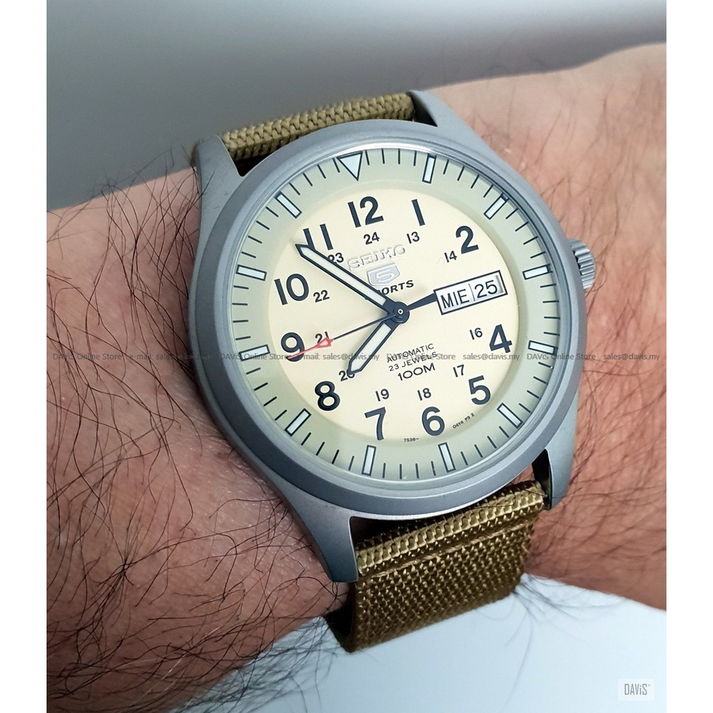 SEIKO SNZG07K1 SEIKO 5 Men s Analog Watch Military 24 hours Day Date Automatic 43mm Nylon Strap Beige Original Shopee Malaysia