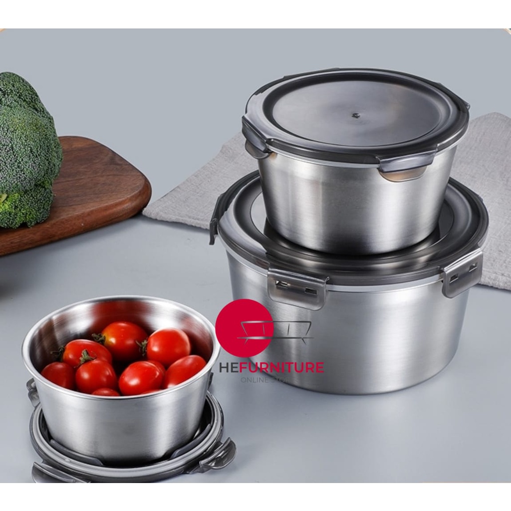 💕Ready Stock💕 SUS304 Steel Round Shape Lunch Box with Lid/ Microwave