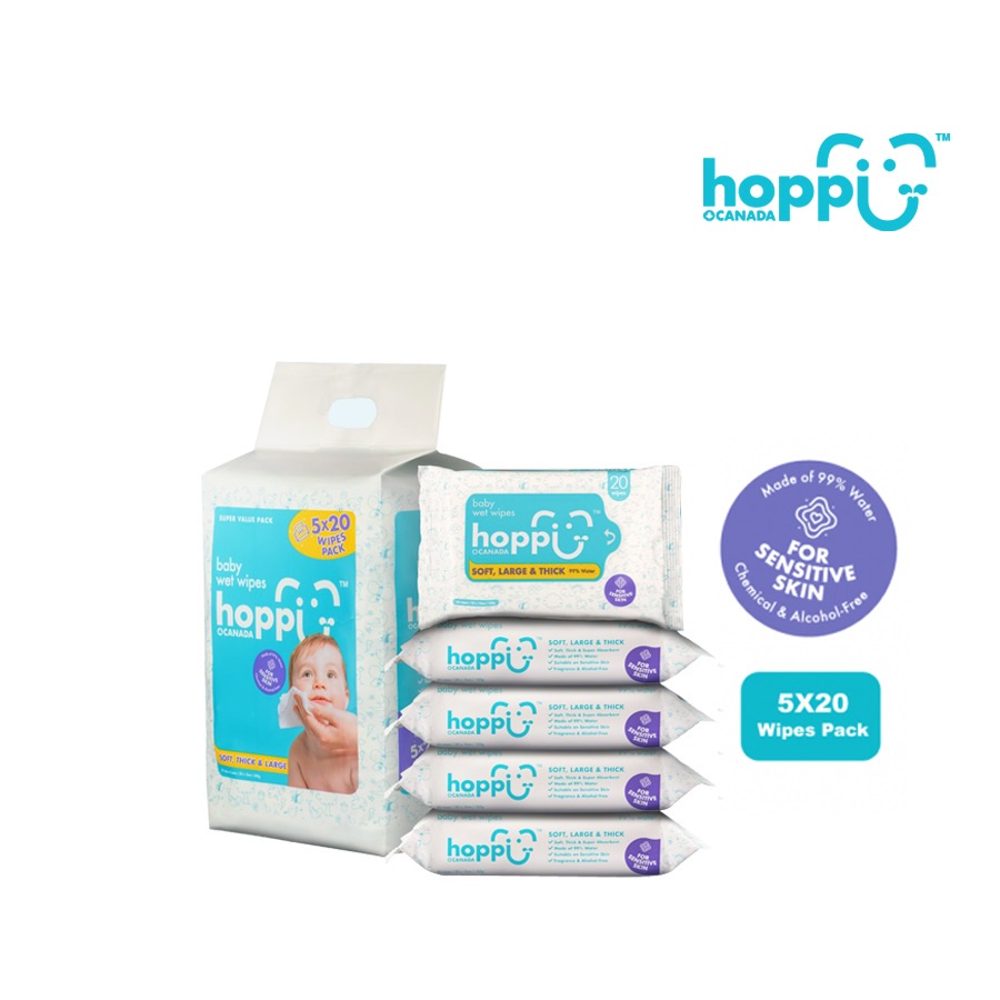 Hoppi Premium Baby Wet Wipes (20 Wipes x 5 Packs) [EXPIRY 18/6/2023