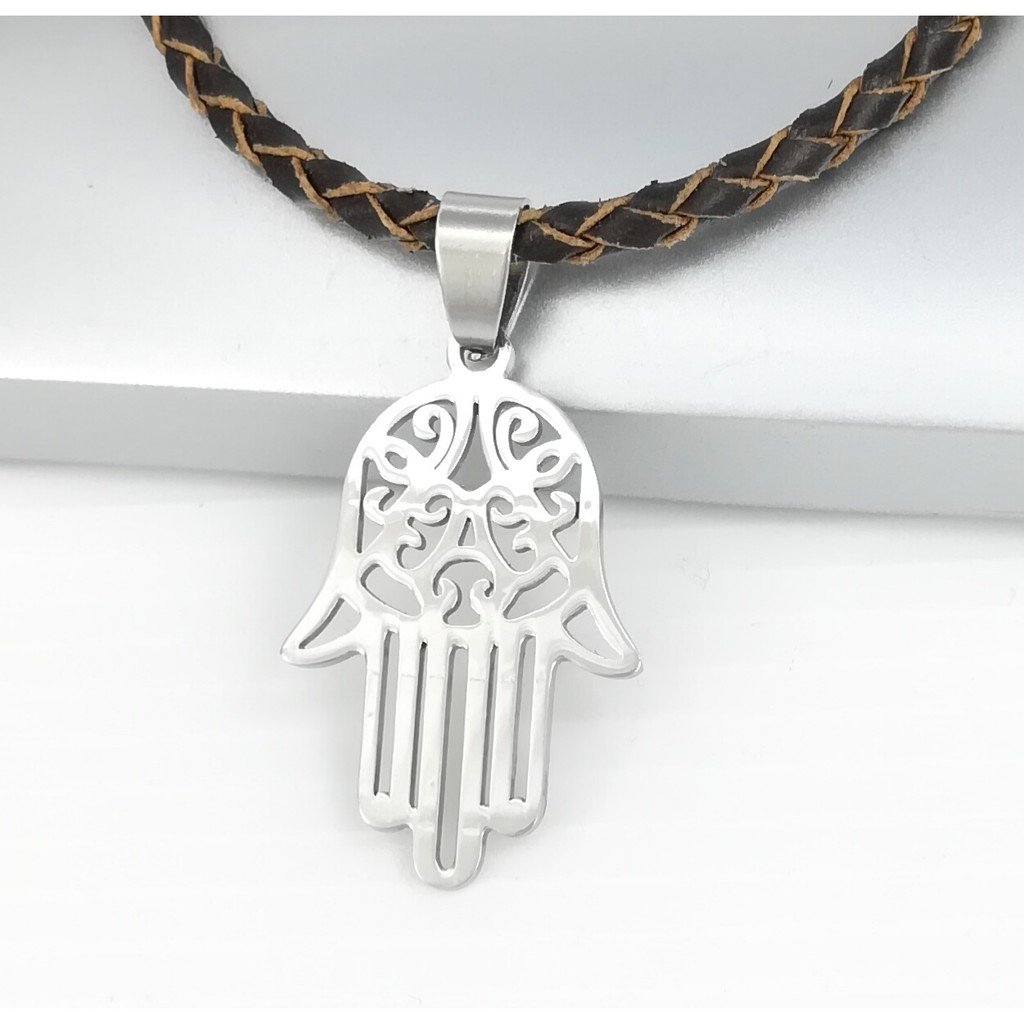 Silver Stainless Steel Hand of Fatima Hamsa Pendant 3mm Braided Brown ...