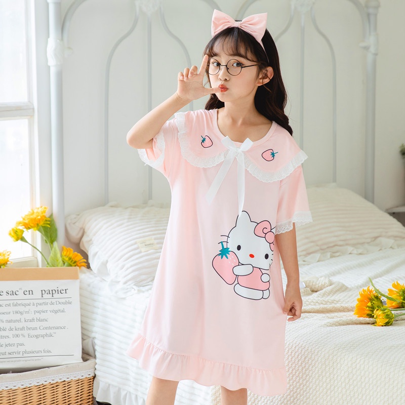 Girls Princess Hello Kitty Nightgowns Summer Short Sleeve Striped ...