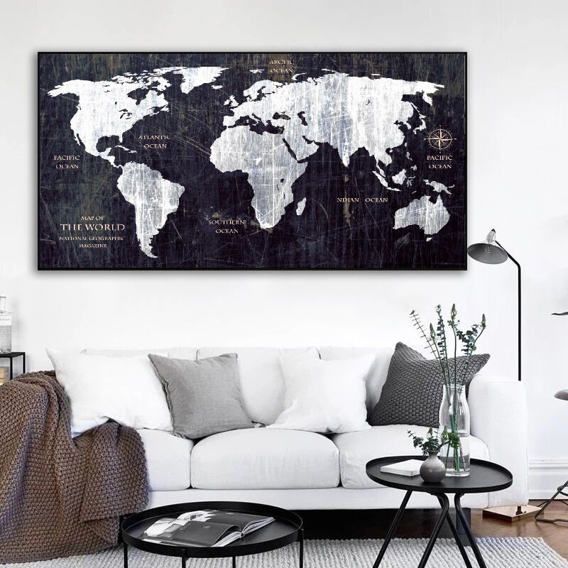 Nordic style black and white map canvas art printing (with frame ...