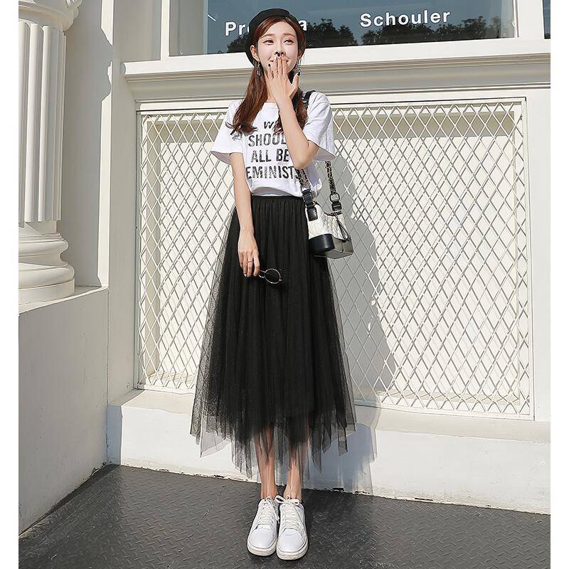 Tulle Skirts Elastic High Waist Long Mesh Skirt Women's Tutu Maxi Pleated  Skirt