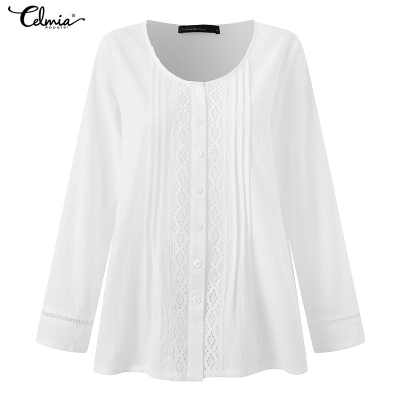 Celmia Women Cotton O Neck Long Sleeve Splicing Lace Line Design Shirt