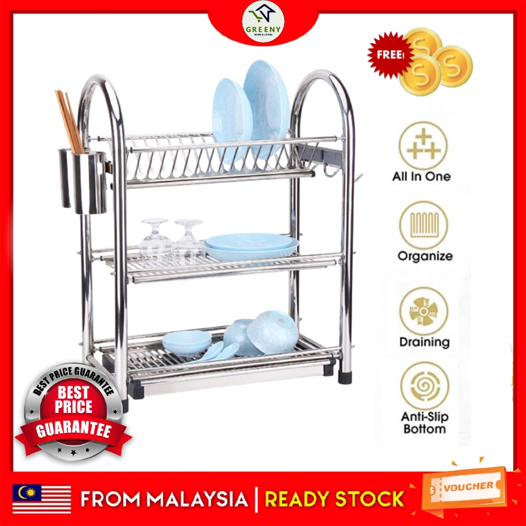 【U-Shape】3 TIER DISH DRAINER RACK ANTI RUST DISH RACK RAK PINGGAN ANTI ...