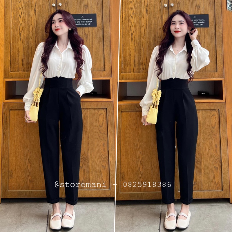 High-waisted female baggy trousers in black ponte fabric with beautiful ...