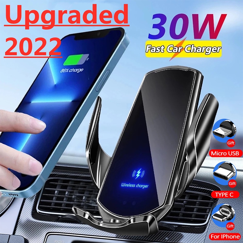 PDKUAI 30W Fast Wireless Car Charger – Automatic Clamping Air Vent Mount, USB-C, Silver