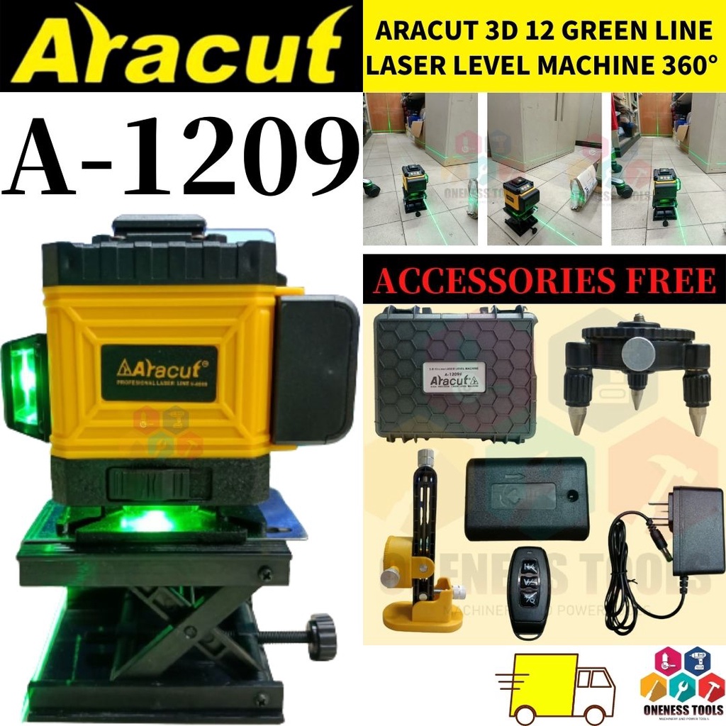 ''ARACUT'' 3D 12 (GREEN) LINE LASER LEVEL MACHINE 360° -A-1209 | Shopee ...