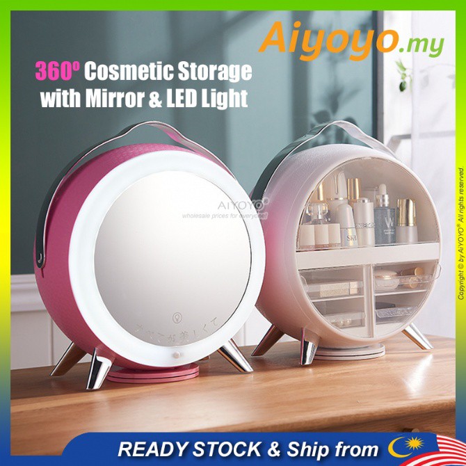 LED Light Makeup Mirror Cosmetic Storage Box Drawer Kotak Kosmatic