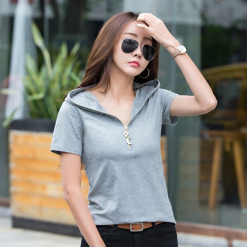 Women's short sleeve hooded cheap t shirt