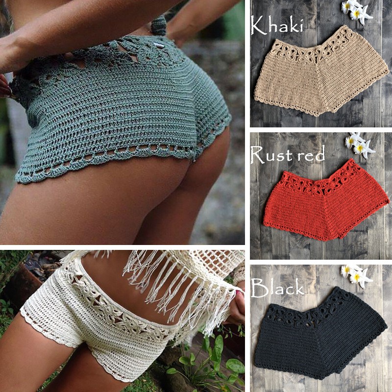 Summer Hollow out Lace Beach Shorts Swimwear Bottoms Solid Stretch