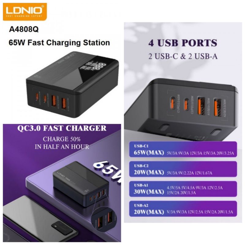 LDNIO A4808Q 65W Super Fast Charging Desktop Charger 2 PD 2 USBC Fast