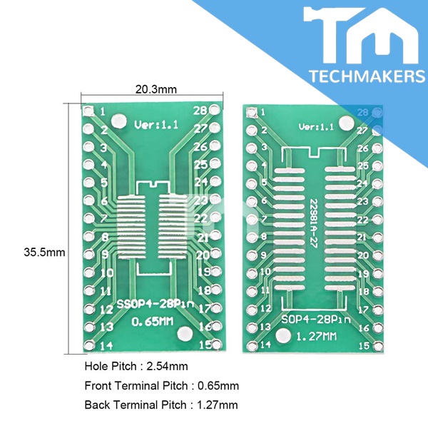 SOP-28 (Green) — PCB Board Kit SMD Turn To DIP Adapter Converter Plate SSOP8 SOP8 / SSOP4 SOP4 Break-out Board
