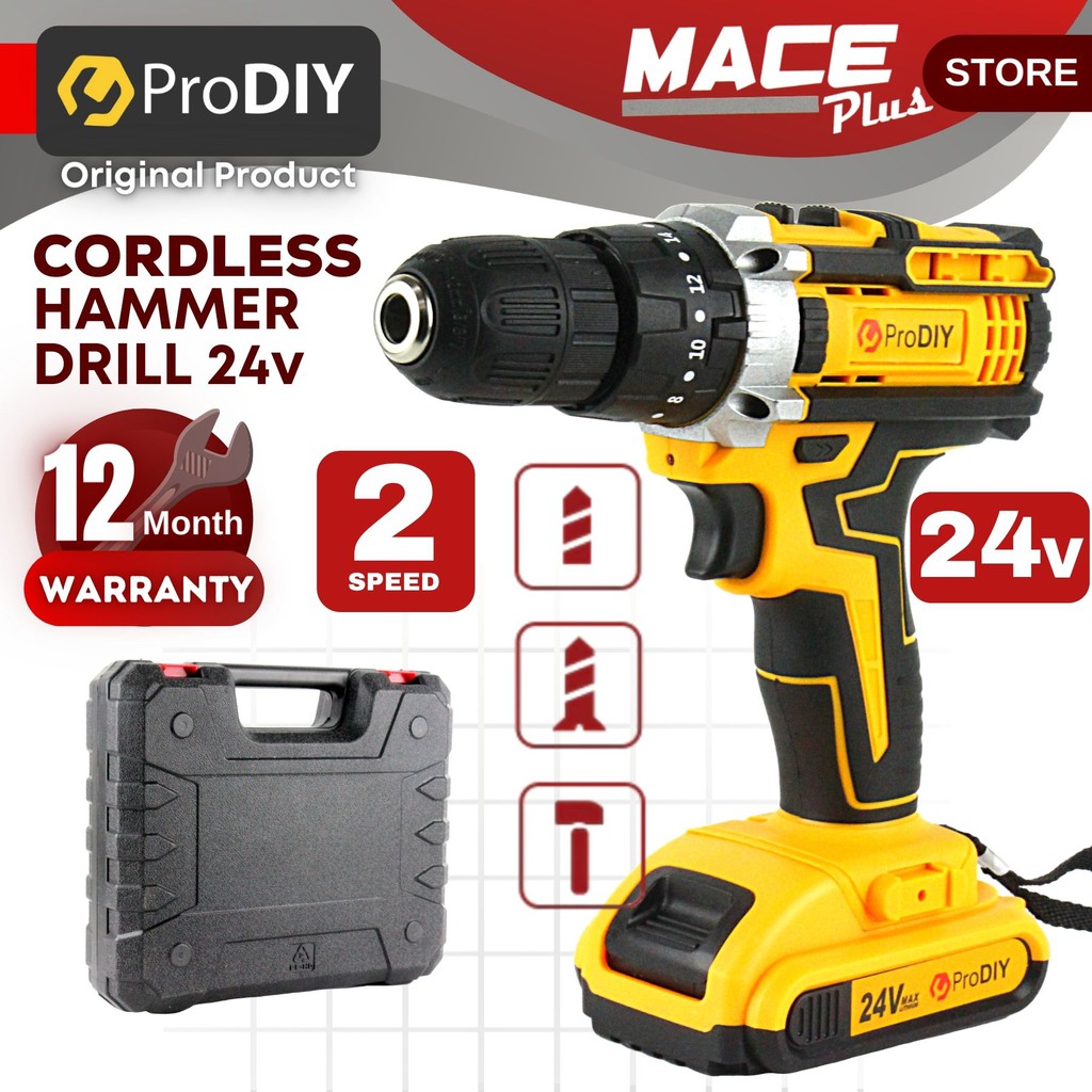 PRODIY DW24i 24V Cordless Hammer Drill Impact Driver Drill Screwdriver 3 Mode 2 Speed Buka Pasang Skrew Tebuk Kayu