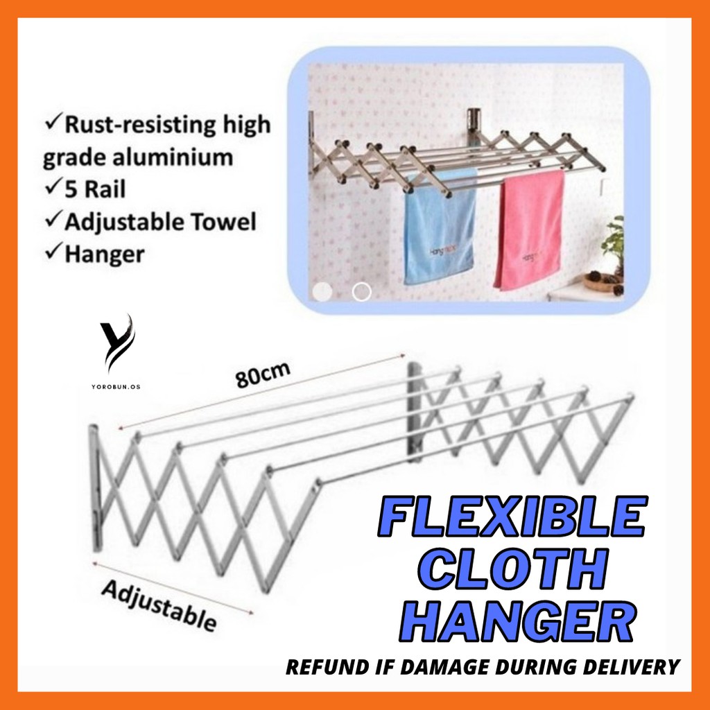 Flexible Cloth Hanger Tuala 60-100cm Wall Clothes Hanger Besi Rak Jemur ...