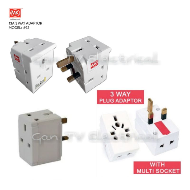 MK/Cyber Star UK 3 Way/Multi 3Way Adaptor 13A Plug Socket 3 Pins (MK692 ...