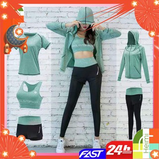 Women's sportswear Gym Workout Clothes 5 Piece Set for Sports Bra and pants  Women outdoor Running