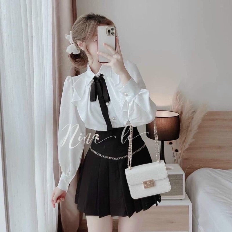 Lady's shirt with black bow tie (888) | Shopee Malaysia