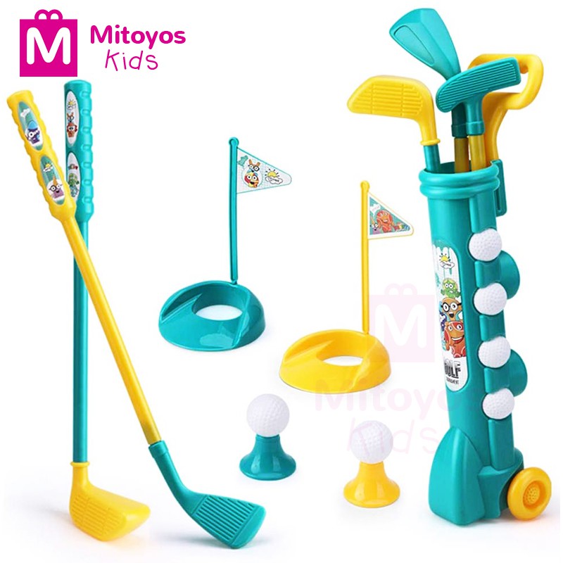 Mitoyos Kids Golf Play Set with 4 Balls 3 Clubs 2 Tee with Wheel Cart Easy Portable Fun Indoor
