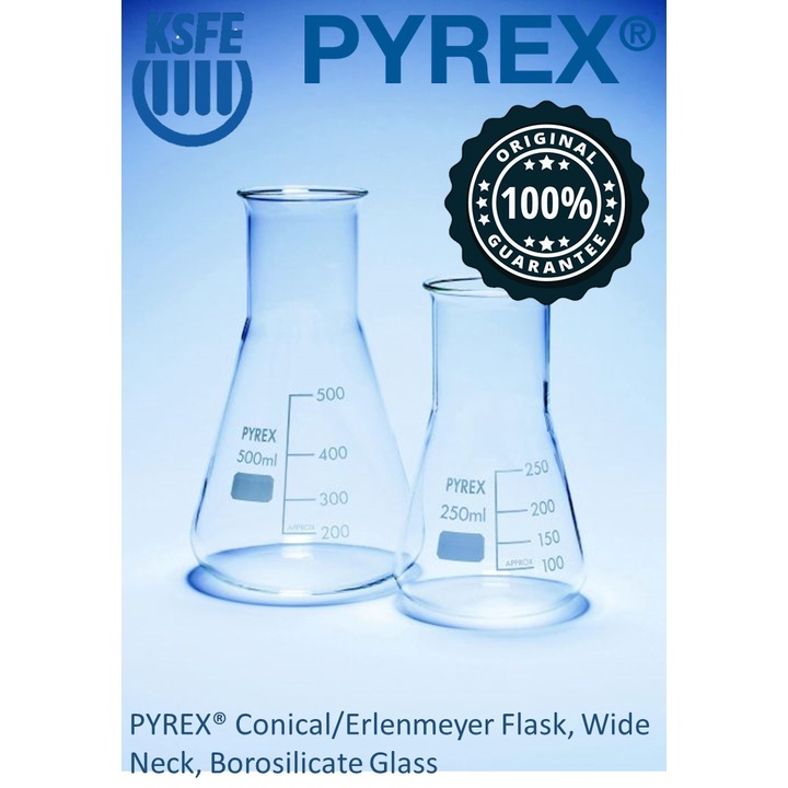 Pyrex Conical/Erlenmeyer Flask, Wide Mouth, Borosilicate Glass ...