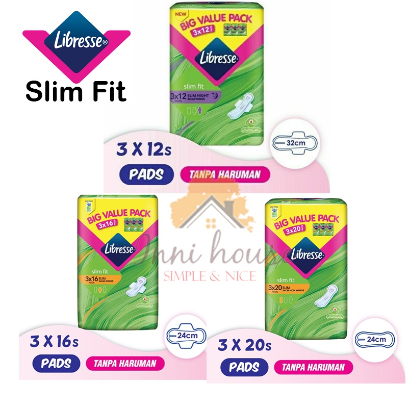 Libresse SlimFit Wing Sanitary Pad 32cm (3x12s) /Slim Fit Non Wing 24cm