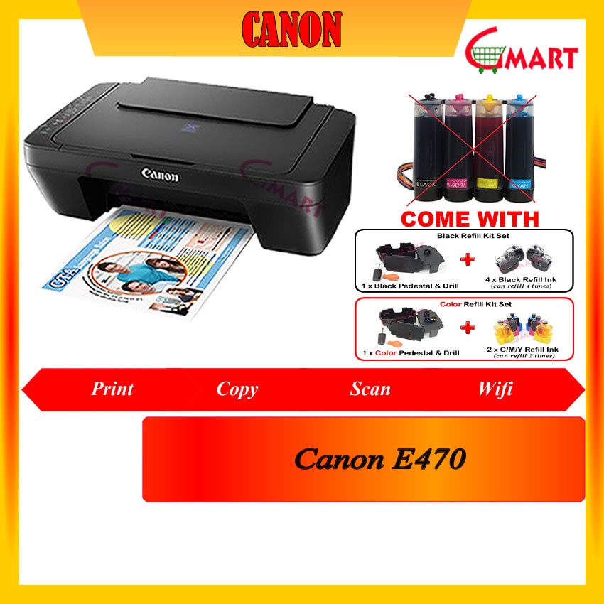 !! CISS !! Canon Pixma E470 INKJET PRINTER **With Refillable Smart Kit ...