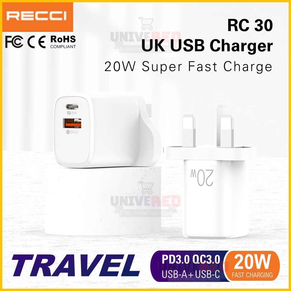 Recci RC30 20W UK Charger 5V/3A (Type-C & USB-A Output) High Power Fast ...
