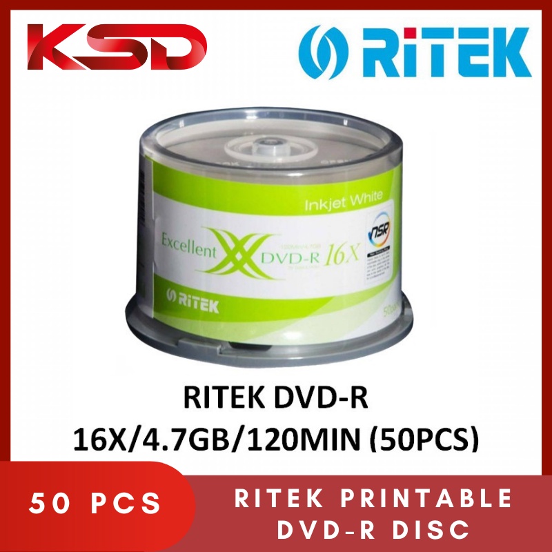Ritek DVD-R / DVDR Inkjet Matte Printable White 4.7GB 120Min 16x (50 ...