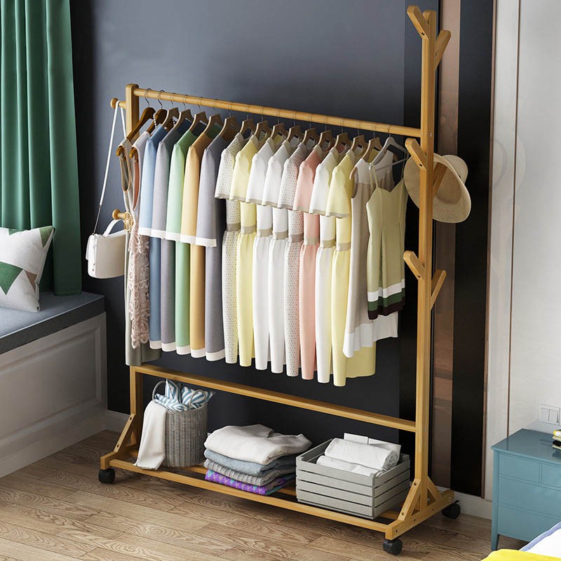 Cloth Rack Bamboo Wooden Rack Bedroom Hanging Clothing Organizer Rak ...