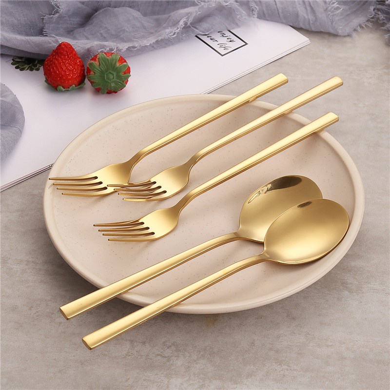 Stainless Steel gold korean spoon and fork set long handle cutlery