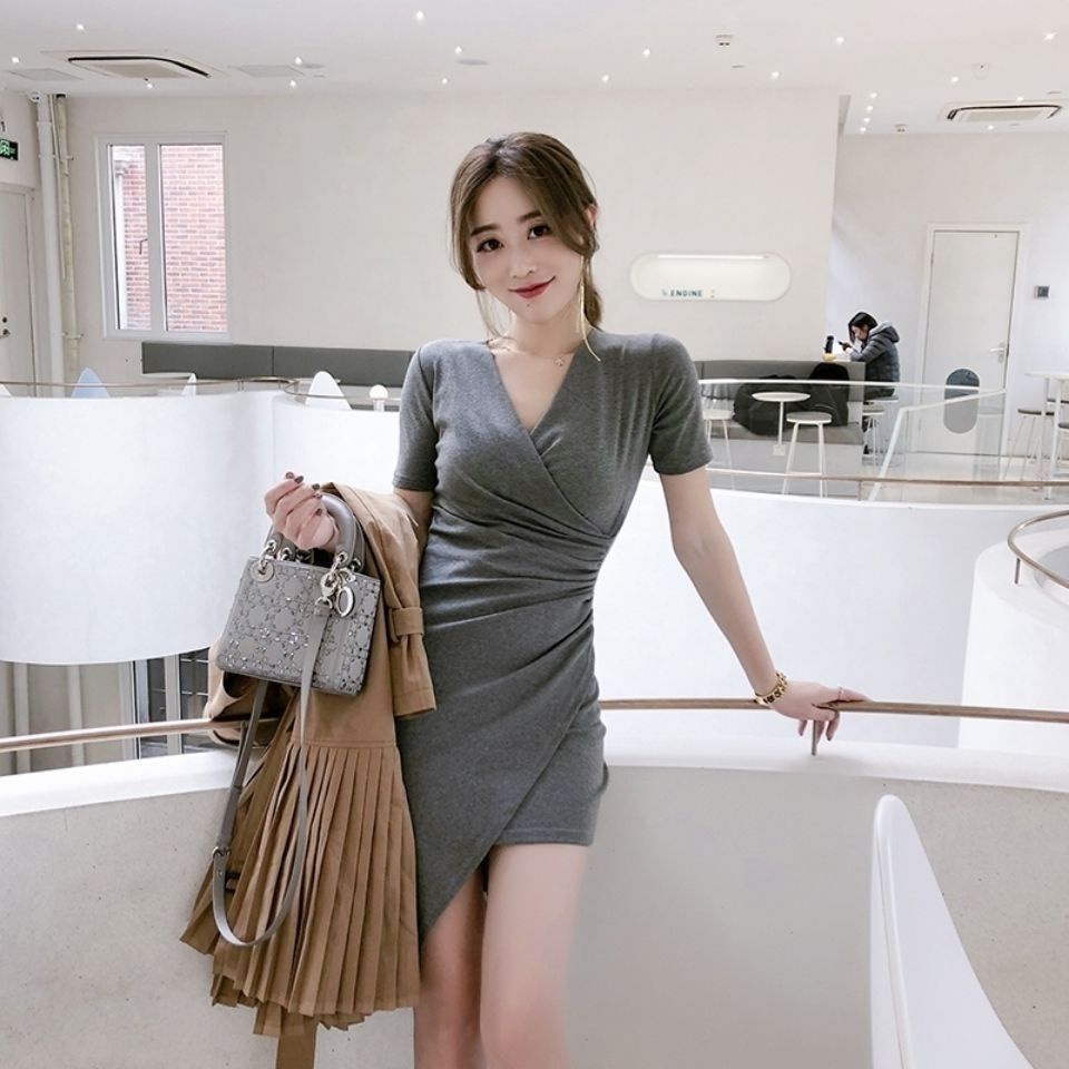 Sexy V collar summer temperament dress female slim slim irregular small ...