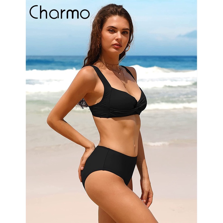 Charmo Women Twist High Waisted Bikini Swimwear Two Piece Ruched Tummy  Control Swimsuit