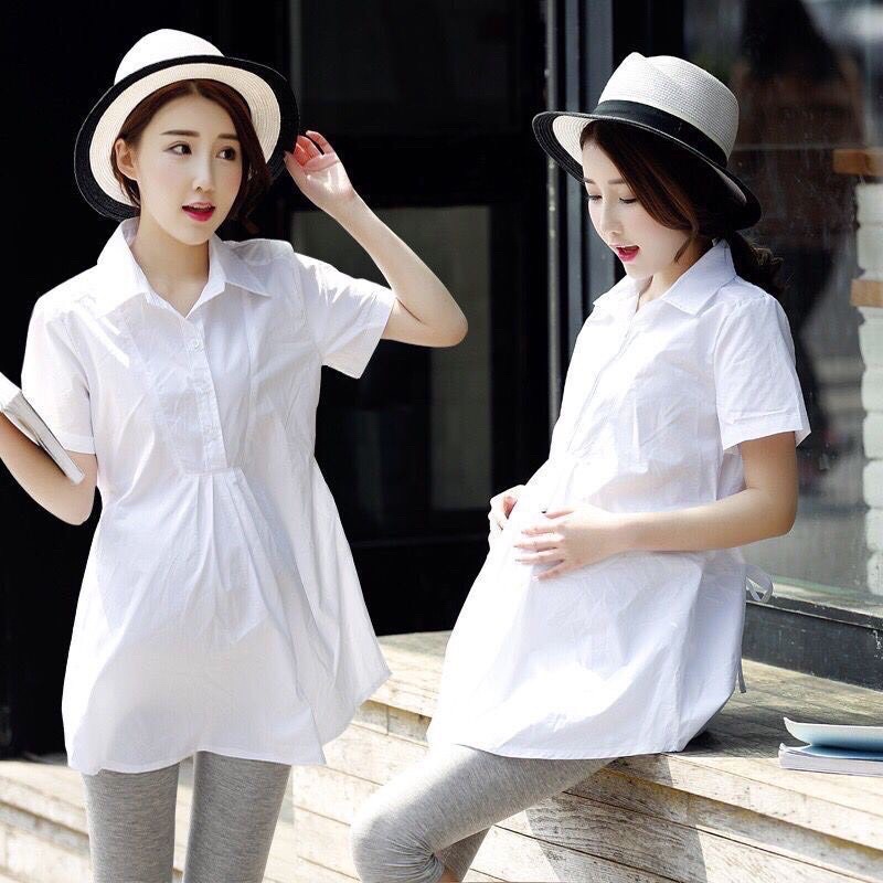 White maternity shirt with elegant, gentle design, suitable for mothers ...