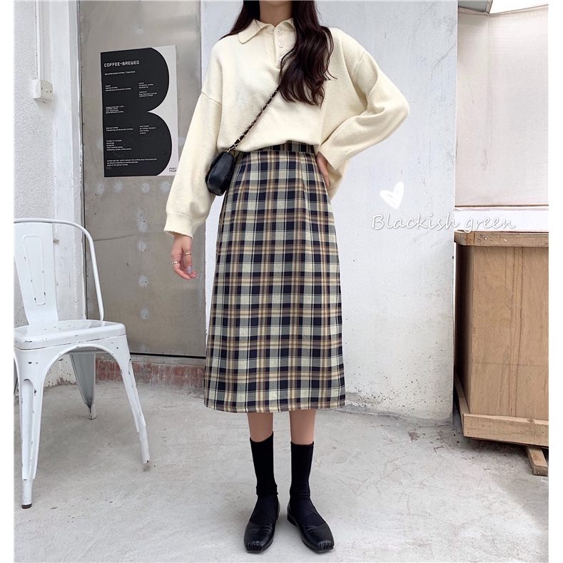 Checkered High Waist A-line Skirt - Brown - Pomelo Fashion