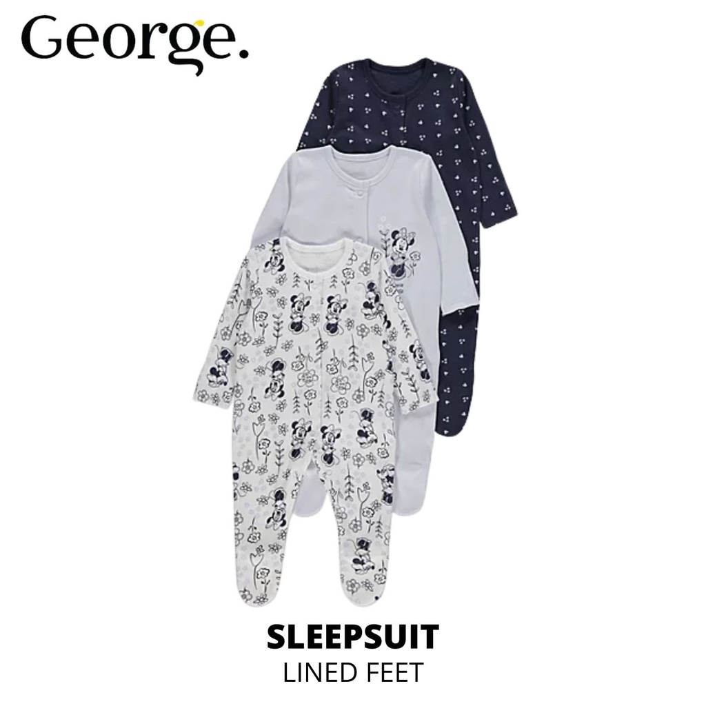 George UK Disney Minnie Mouse Floral Print Navy Sleepsuits 3 Pack (V-UK ...