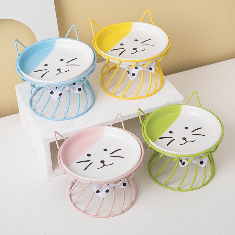 Cat Bowl Ceramic High-foot Neck Guard Food Bowl Shallow Mouth Large ...