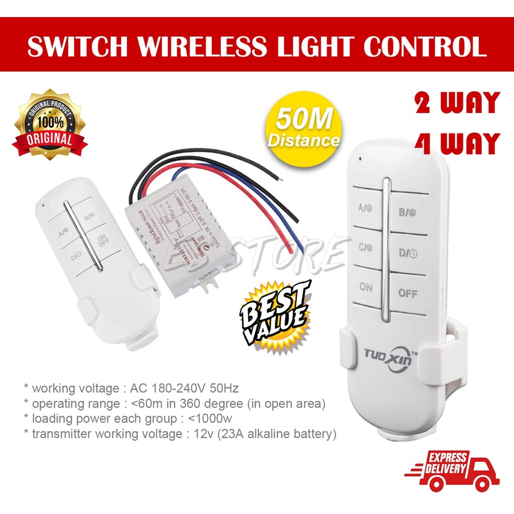 4-Way Wireless Remote Control Switch For Lights – 110-240V AC, 23A, 1500W
