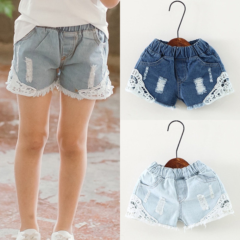 Hot Summer Girls Lace Hole Jeans Shorts Kids Cute Pocket Denim