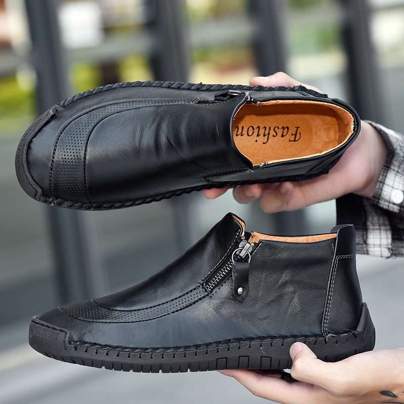 HolloShoe Brown Mid-Top Zipper Slip-Ons for Men