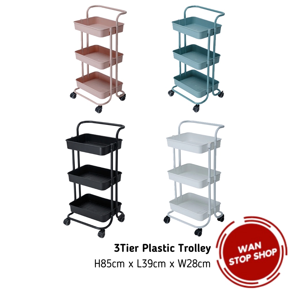 3 Tier Trolley Storage Rack with Handle and Wheels, Troli 3 Tingkat ...