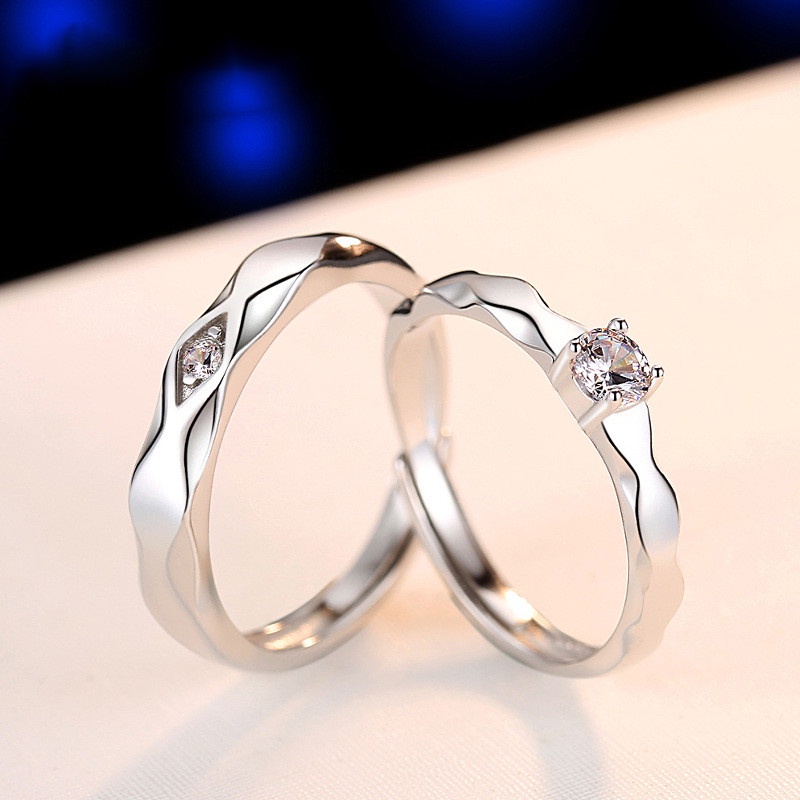 1 Pair Diamond Matching Couple Rings Adjustable CZ 925 Sterling Silver ...