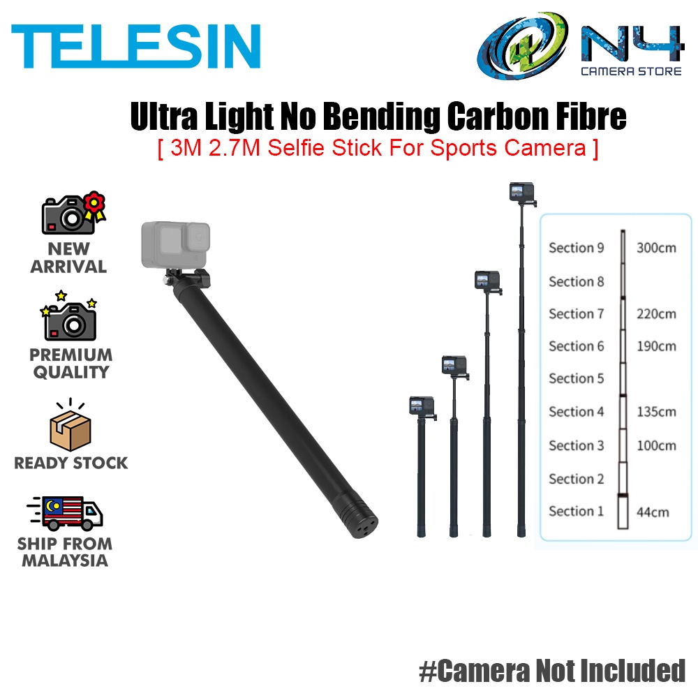 TELESIN 3M / 2.7M Upgraded Carbon Fiber Invisible Selfie Stick Monopod