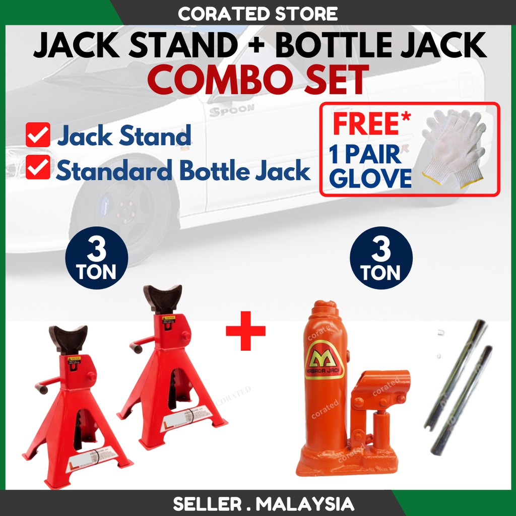 Combo Set 3 Ton Jack Stand + Masada MS3 3 Ton Standard Bottle Jack