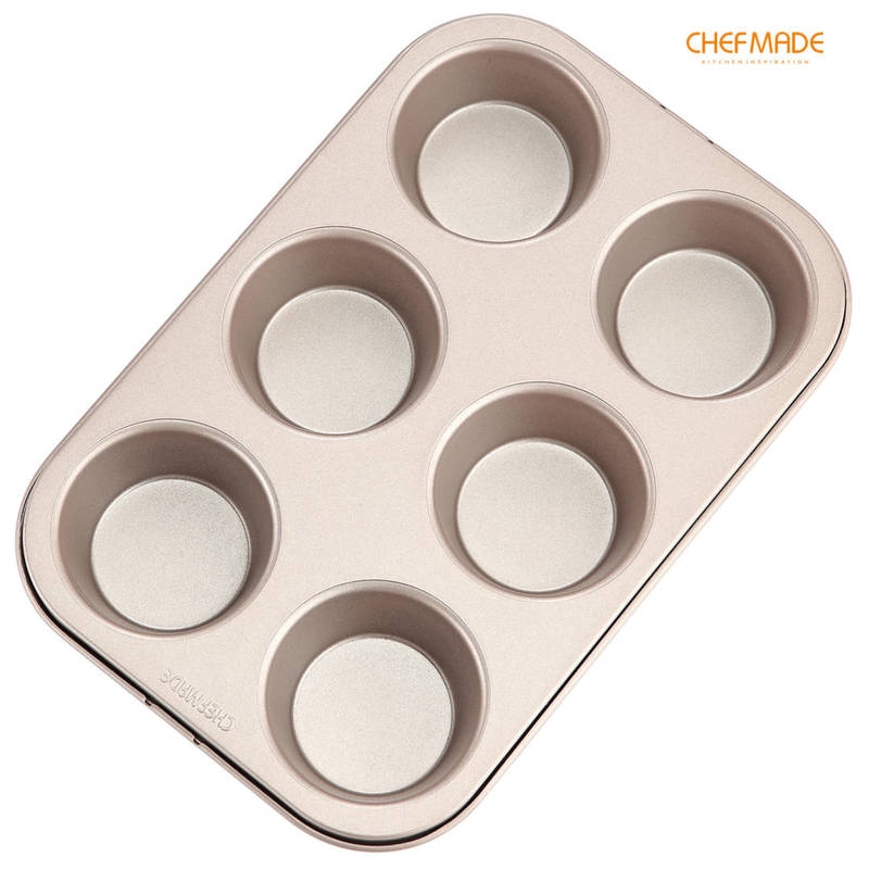 CHEFMADE Muffin Cake Pan, 6-Cavity Non-Stick Cupcake Pan Bakeware for Oven Baking (Champagne Gold)