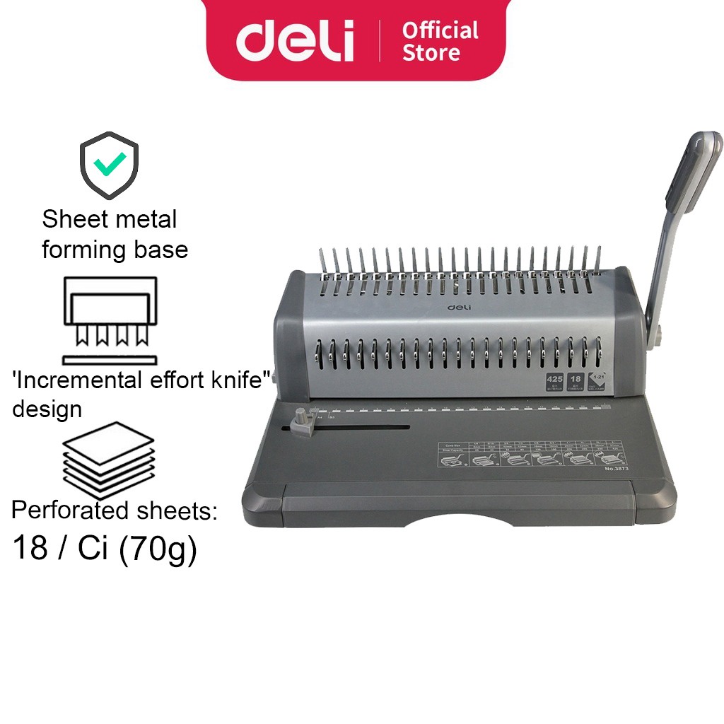 Deli Comb Binding Machine E3873 Office Machine Punching 18 Sheets Grey
