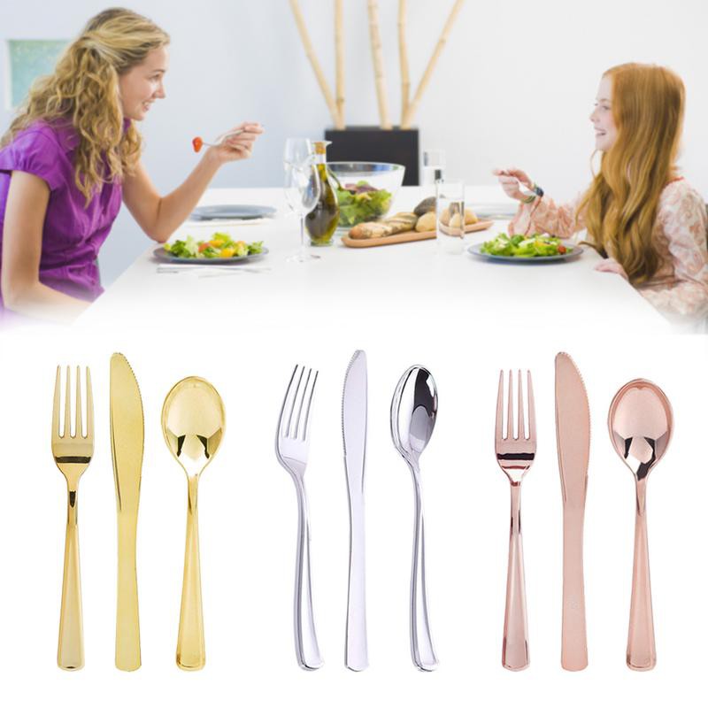 12pcs/set Rose Gold Silver Plastic Fork Knives Spoons Disposable Clear