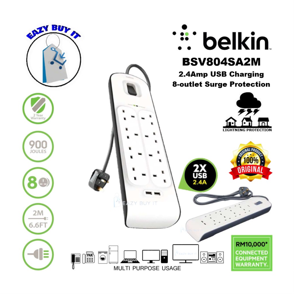 BELKIN 8-GANG SOCKET SURGE PROTECTOR WITH 2x USB PORTS 2.4A (2M ...