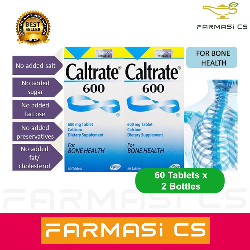 Caltrate 600 Calcium Dietary Supplement 600mg 60 Tablets x 2 Bottles ...