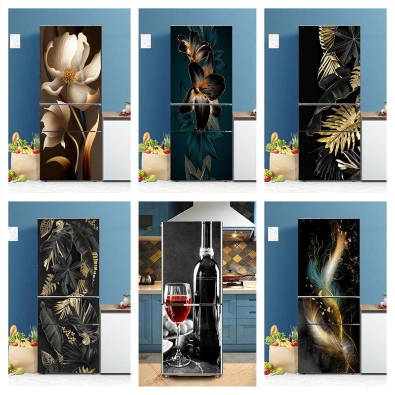 Selfadhesive Vinyl Fridge Stickers Full Cover Black Flower Leaves Refrigerator Wallpaper